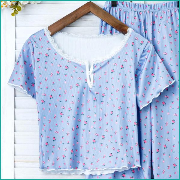 Mini Floral Ladies Loungewear Pajama Set - Sky Blue - Image 2