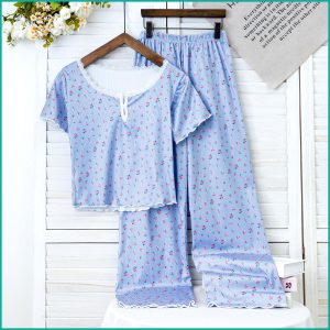 Mini Floral Ladies Loungewear Pajama Set - Sky Blue