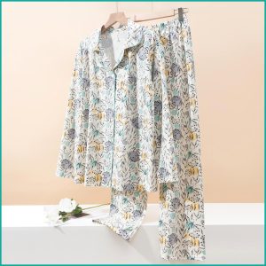 Leafs Full Sleeves Pajama Set Fine Material - White