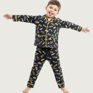 Batman Boys Front Open Full Sleeves Pajama Set -black