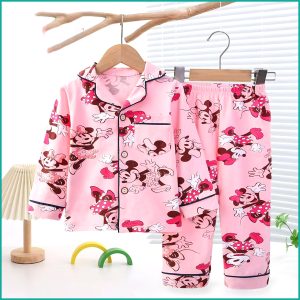 Smile Minnie Girls Front Open Full Sleeves Pajama Set - Pink