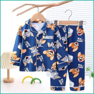 Tom & Jerry Boys Front Open Full Sleeves Pajama Set - Blue