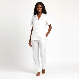 Ladies Loungewear Sarten Front Open Pajama Set - White