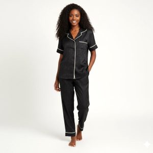 Ladies Loungewear Sarten Front Open Pajama Set - Black