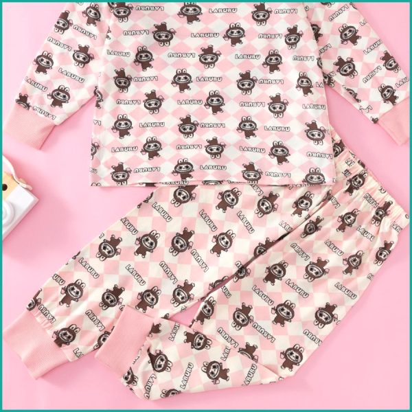 Labubu Checks Girls Full Sleeves Pajama Set - Pink - Image 4