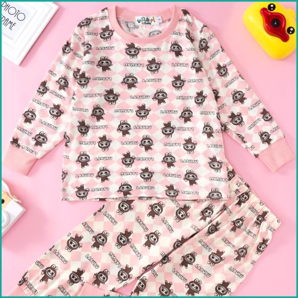 Labubu Checks Girls Full Sleeves Pajama Set - Pink - Image 3