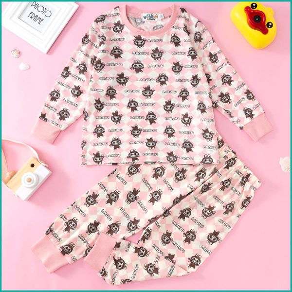 Labubu Checks Girls Full Sleeves Pajama Set - Pink - Image 2