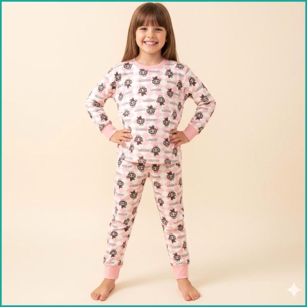 Labubu Checks Girls Full Sleeves Pajama Set - Pink