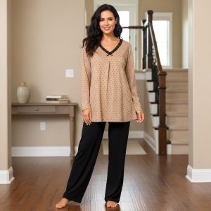 Dots Ladies Loungewear Front Open Pajama Set - Brown Black