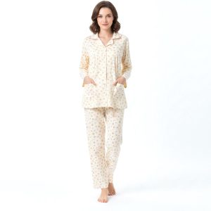 Mini Floral Ladies Loungewear Front Open Pajama Set - Yellow
