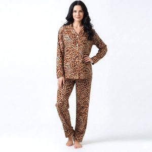 Tiger Print Ladies Loungewear Front Open Pajama Set - Brown