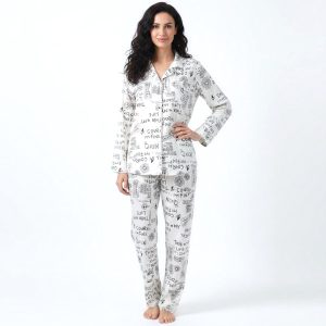 Text Ladies Loungewear Front Open Pajama Set - White