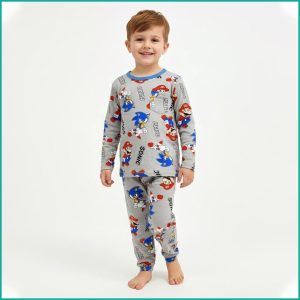 Sonic Mario Boys Full Sleeves Pajama Set Khafif - Grey