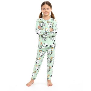 Snoopy Ice Cream Girls Full Sleeves Pajama Set - Green