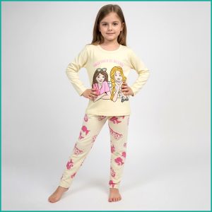 Barbie Together Girls Full Sleeves Pajama Set Khafif - Cream