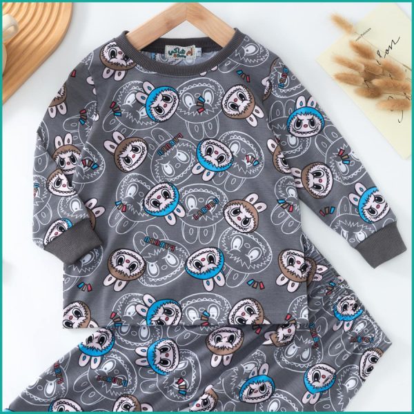 Labubu Angry Boys Full Sleeves Pajama Set - Dark Grey - Image 4