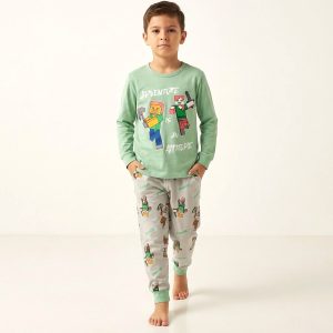Minecraft Boys Full Sleeves Cotton Pajama Set - Green Grey