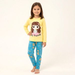 Just Friends Girls Full Sleeves Cotton Pajama Set - Yellow Blue