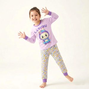 Labubu Floral Girls Full Sleeves Cotton Pajama Set - Purple