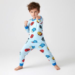 Superhero Faces Boys Full Sleeves Pajama Set - Sky Blue