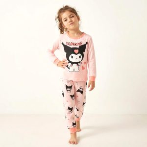 Kuromi Love Girls Full Sleeves Cotton Pajama Set - Pink