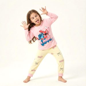Stitch Love Girls Full Sleeves Cotton Pajama Set - Pink