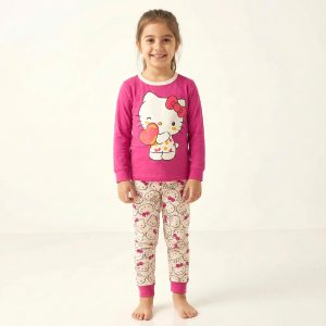 Cute Kitty Love Girls Full Sleeves Cotton Pajama Set - Pink