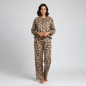 Tiger Print Ladies Linen Pajama Loungewear - Cream