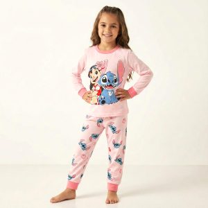 Happy Stitch Floral Girls Full Sleeves Cotton Pajama Set - Pink