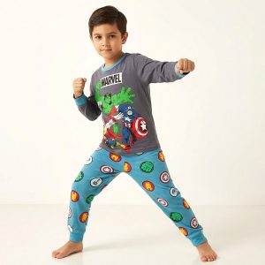 Marvel Boys Full Sleeves Cotton Pajama Set - Grey Blue
