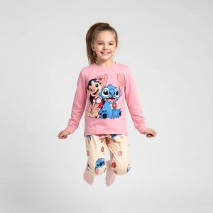 Stitch Floral Girls Winter Pajama Set - Pink Creamبجايم مبتن من داخل