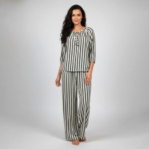 Lines Ladies Linen Pajama Loungewear - Black White