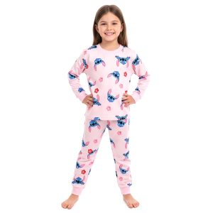 Stitch Face Floral Girls Winter Pajama Set - Pinkبجايم مبتن من داخل