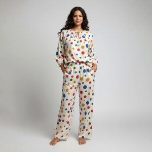Colorful Dots Ladies Linen Pajama Loungewear - White