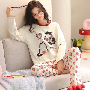 Sweet Cat Ladies Cotton Loungewear Set - Grey