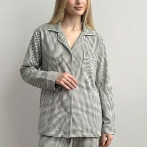 Mini Checks Ladies Front Open Pajama Set - Grey