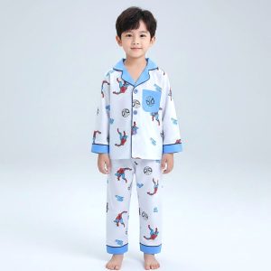 Spiderman Boys Cotton Front Open Pajama Set - Sky Blue