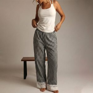 Plain Checks Ladies Loungewear Set - White Black