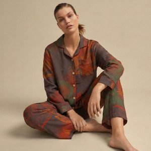 Flowers Ladies Front Open Pajama Set - Orange