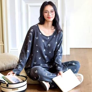 Mini Butterfly Ladies Cotton Loungewear Set - Grey