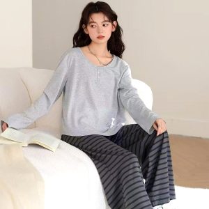Plain Strips Ladies Cotton Loungewear Set - Grey Black