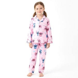 Stitch Stars Girls Cotton Front Open Pajama Set - Pink