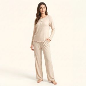 Mini Floral Ladies Winter Full Sleeves Loungewear Cotton with Lycra Material - Cream