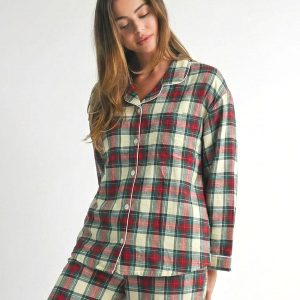 Checks Ladies Front Open Pajama Set - Grey Red
