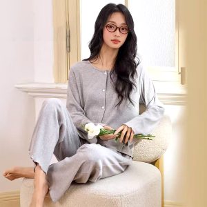 Plain Round Neck Ladies Loungewear Set - Grey