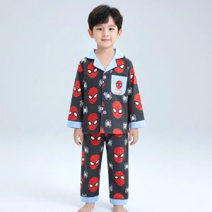 Spiderman Boys Cotton Front Open Pajama Set - Black