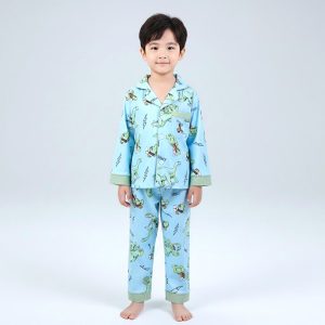 Dinosaur Boys Cotton Front Open Pajama Set - Sky Blue