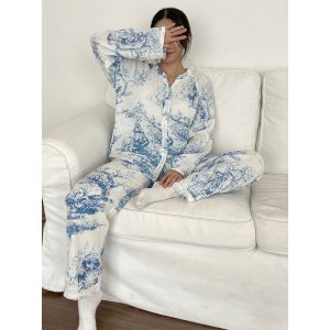 Blue Design Ladies Front Open Pajama Set - White