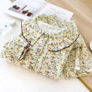 Colorful Flowers Ladies Front Open Pajama Set - White