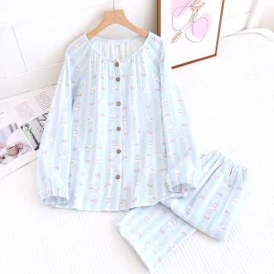 Kitty Bow Ladies Pajama Set - Blue